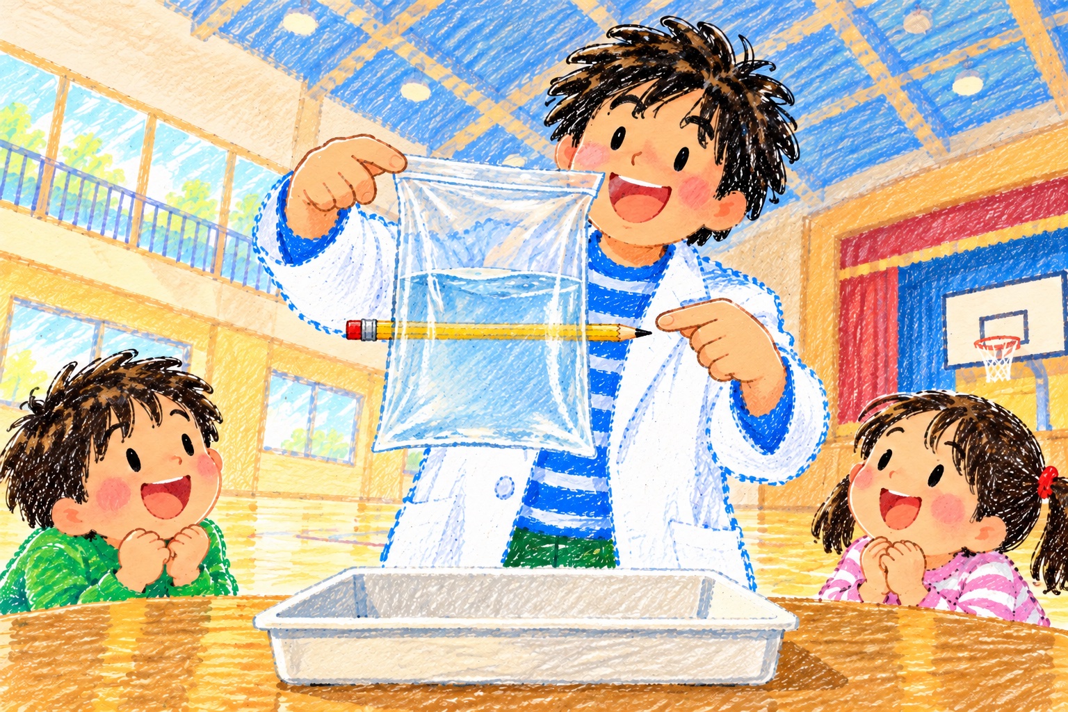 水の入った袋を鉛筆が貫く実験のイメージイラスト