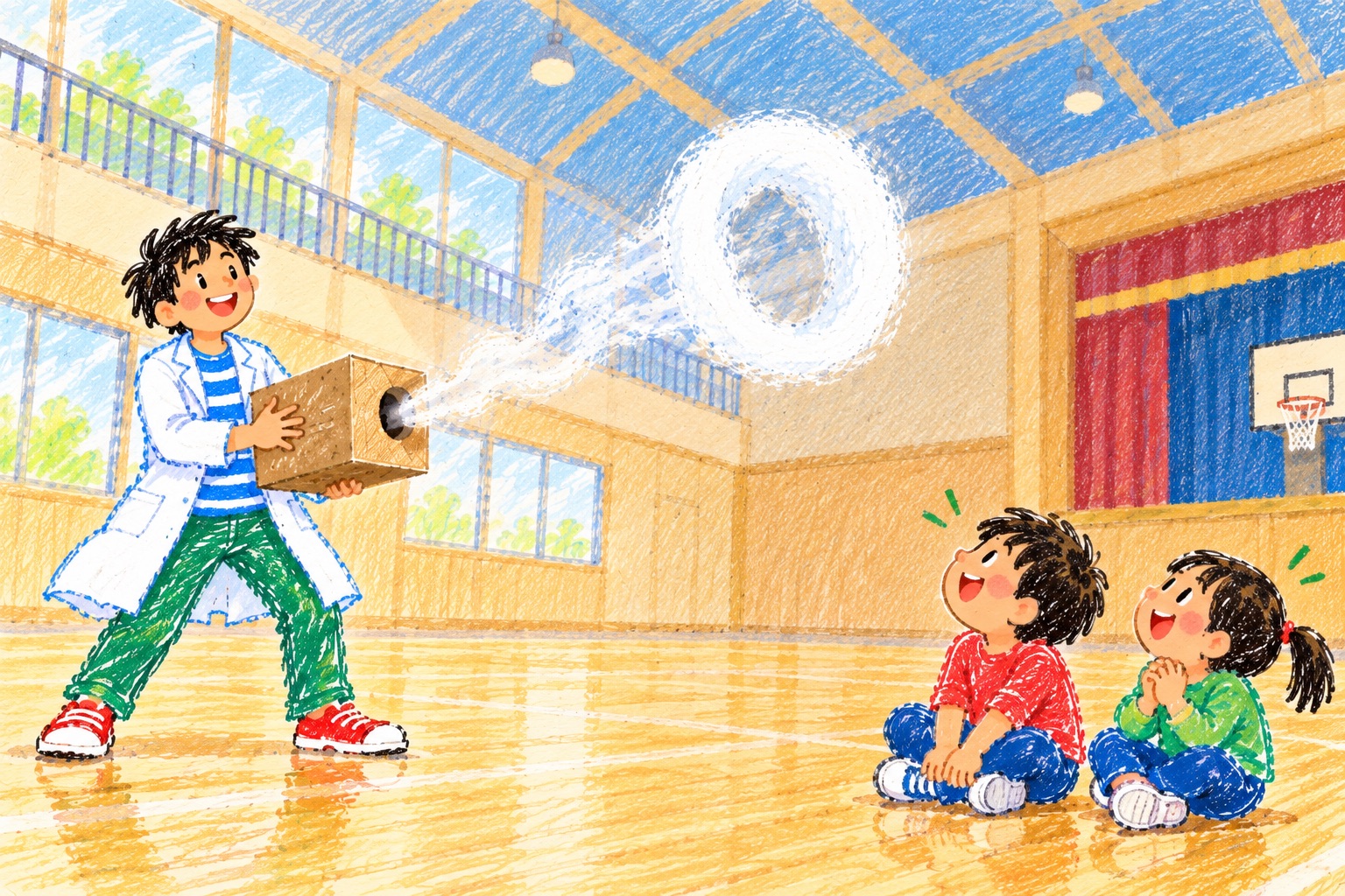 空気砲から飛び出した輪を見て驚く子どもたちのイメージイラスト