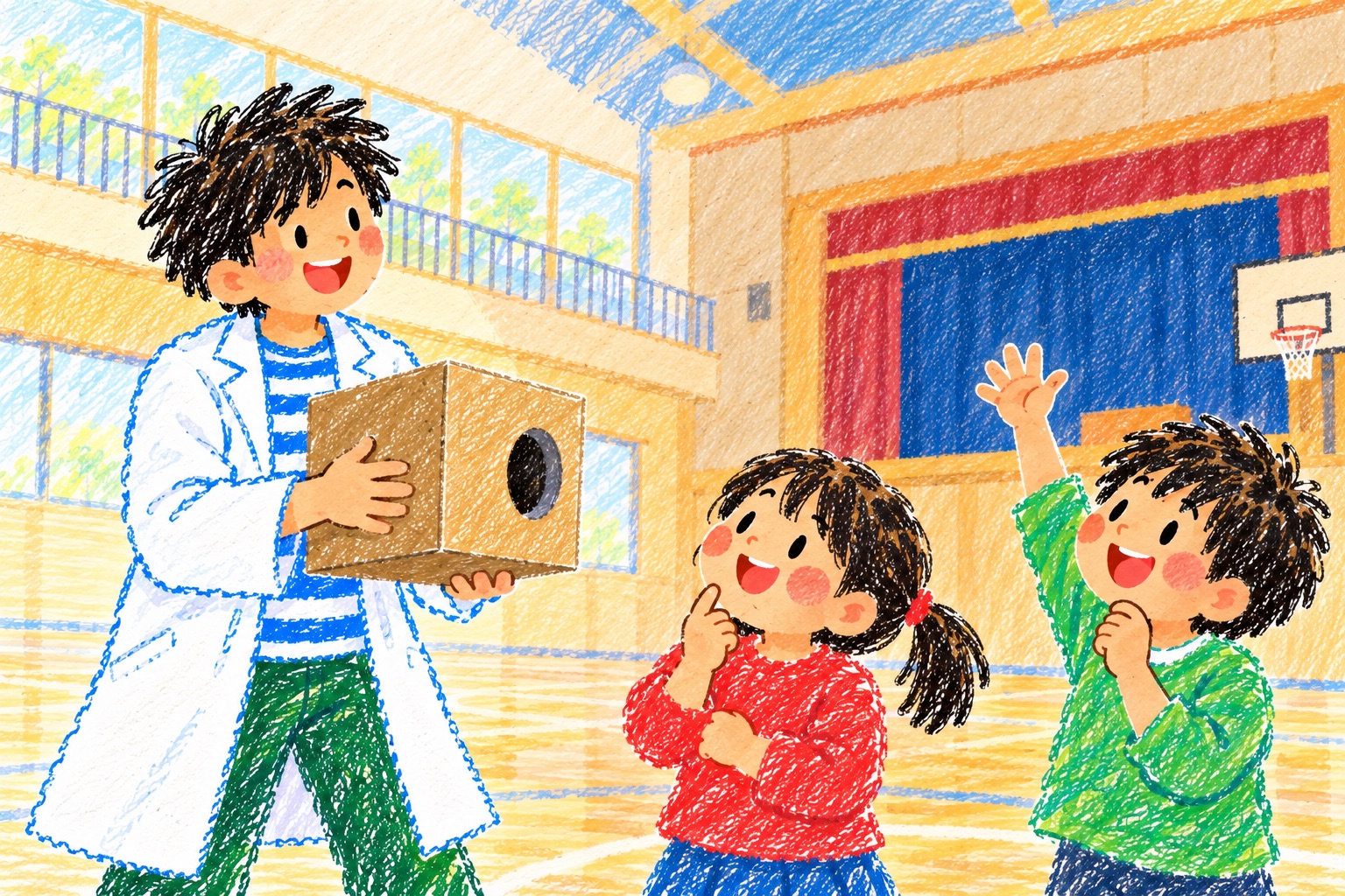 演者の問いかけに手を挙げて予想する子どもたちのイメージイラスト