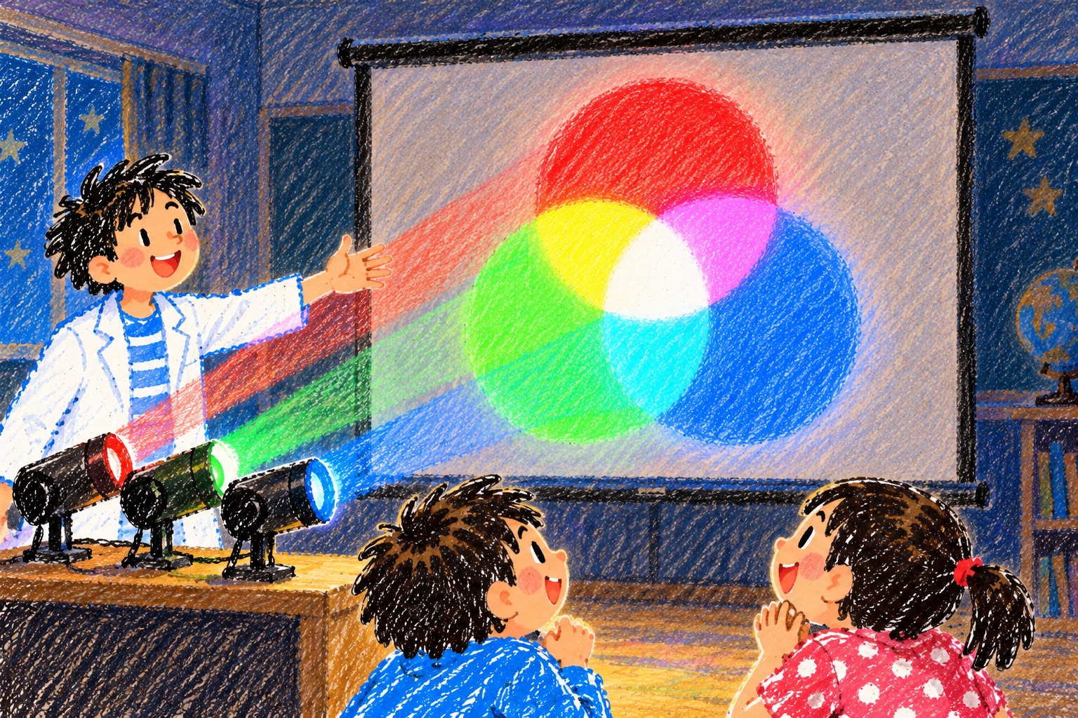 赤・緑・青の光を重ねる実験のイメージイラスト